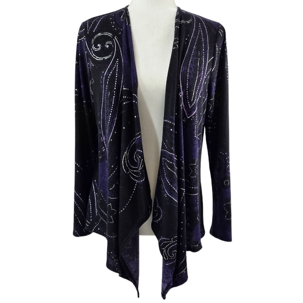 Chico's Easywear Purple Paisley Open Drape Front Lightweight Cardigan
